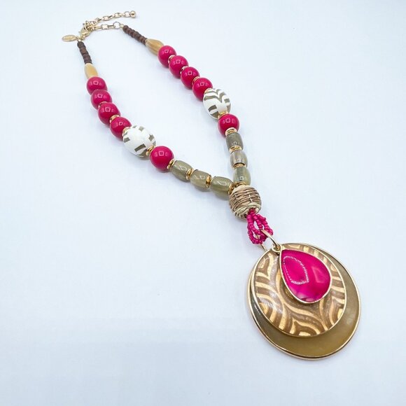 Chico's Layered Pendant Necklace With Pink & Beads Adjustable Chain - Picture 2 of 8